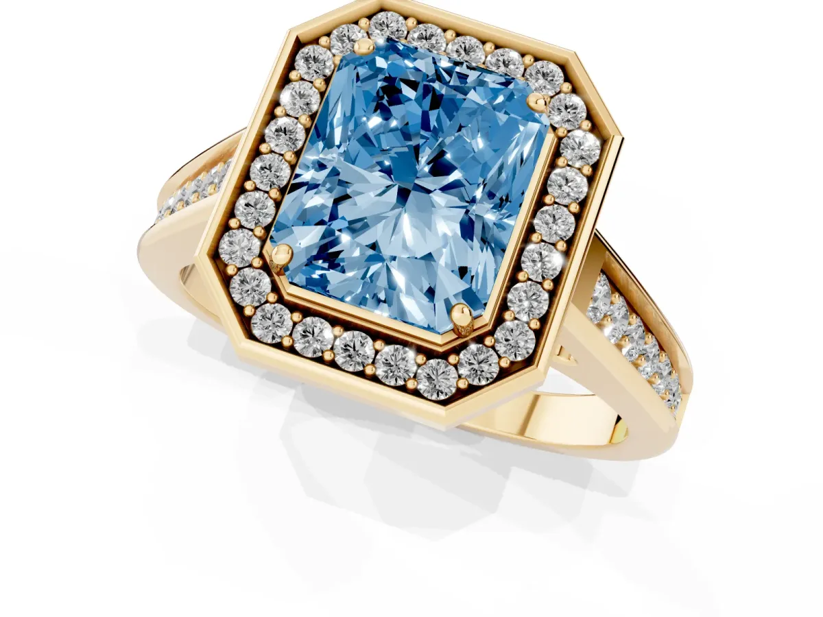 Fancy Blue Radiant Cut Halo Solitaire Diamond Ring with Pave Band and Bezel Setting Yellow gold