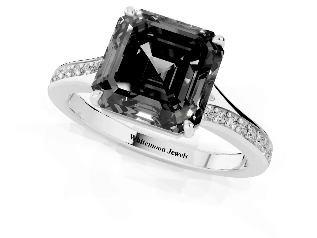 Fancy Black Asscher Cut Diamond Solitaire Ring with Pavé Band and Prong Setting Silver