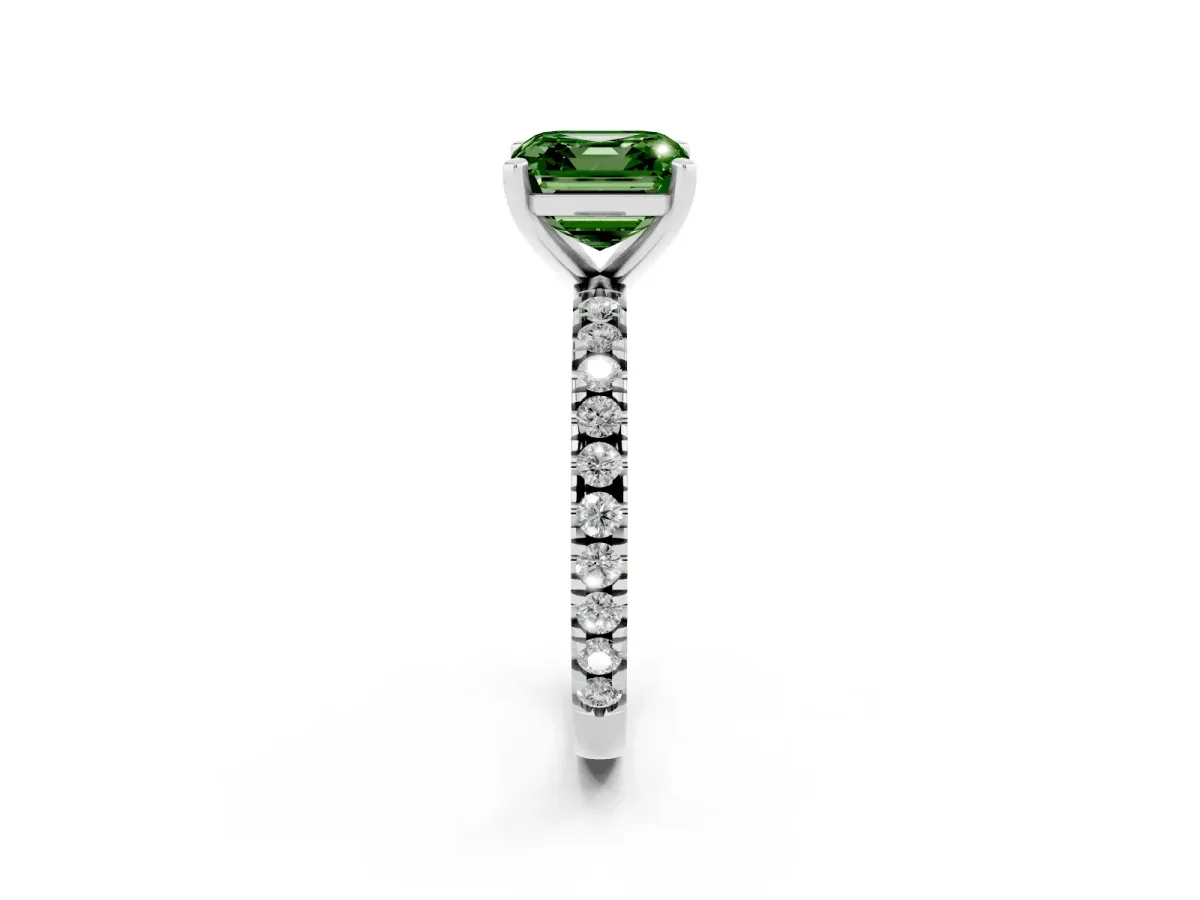 Fancy Green Asscher Cut Diamond Pavé Band Solitaire with Four-Prong Setting Silver
