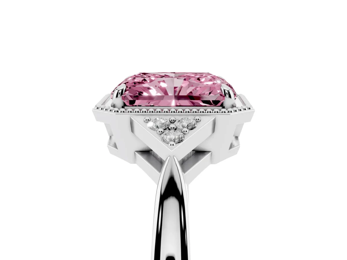 Fancy Pink Hexagonal Halo Radiant Cut Diamond Solitaire with Pavé Band and Four-Prong Setting White gold