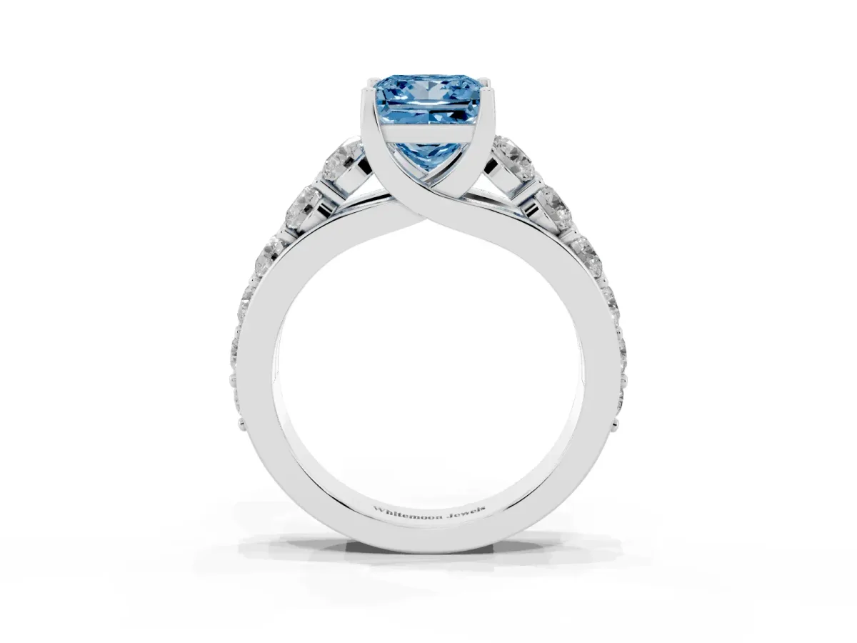 Fancy Blue Princess Cut Diamond Engagement Ring with Pavé Band and Four-Prong Setting Platinum