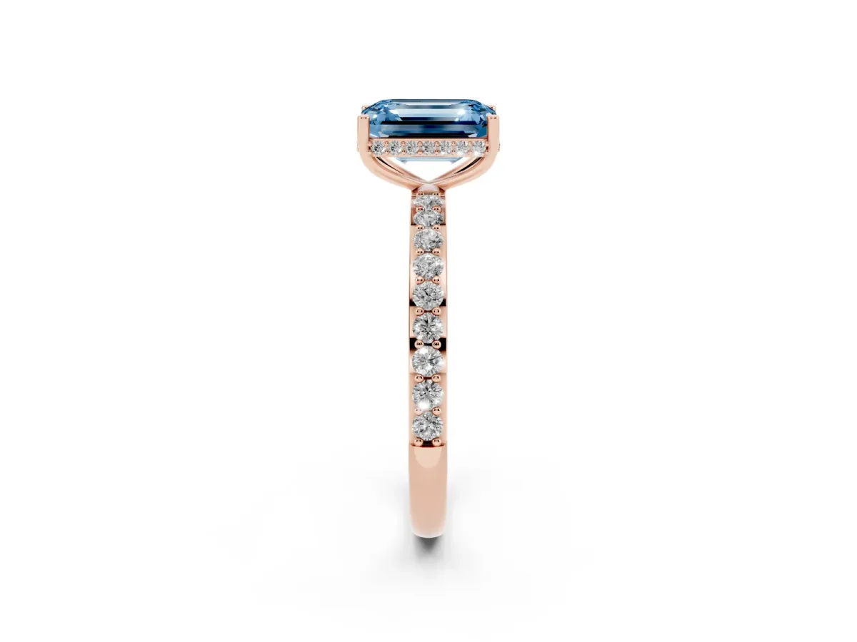 Fancy Blue Emerald Cut Diamond Solitaire Ring with Pavé Band and Hidden Halo Rose gold