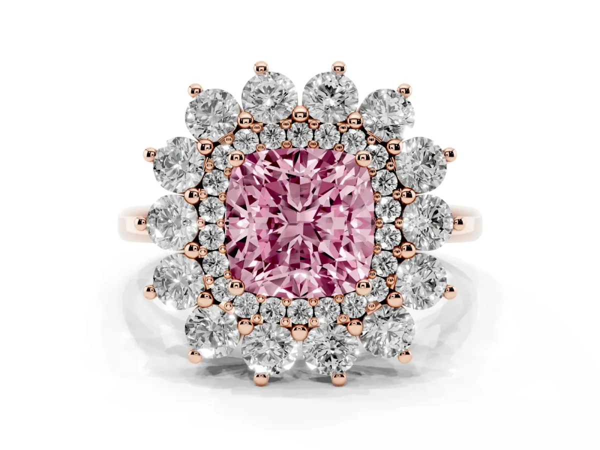 Fancy Pink Cushion Cut Diamond Floral Double Halo Engagement Ring with Prong Setting Rose gold