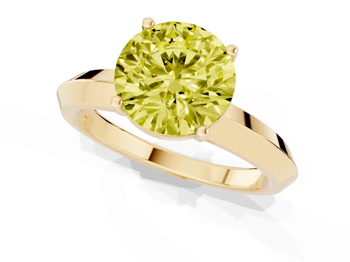 Fancy Yellow Round Cut Cut Solitaire Engagement Ring with Flat Band and Four-Prong Setting Yellow gold