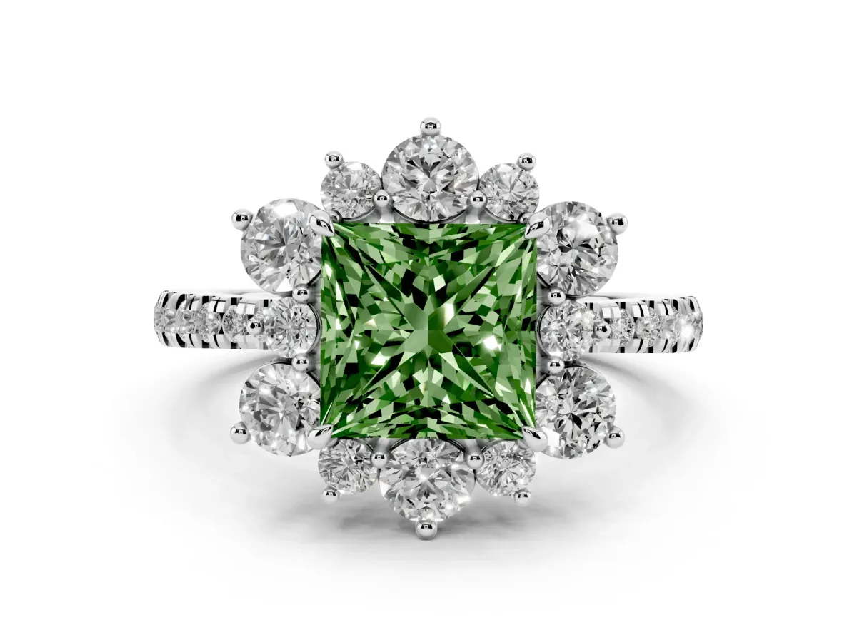 Fancy Green Princess Cut Diamond Floral Halo Ring with Round Pavé Band and Prong Setting Silver