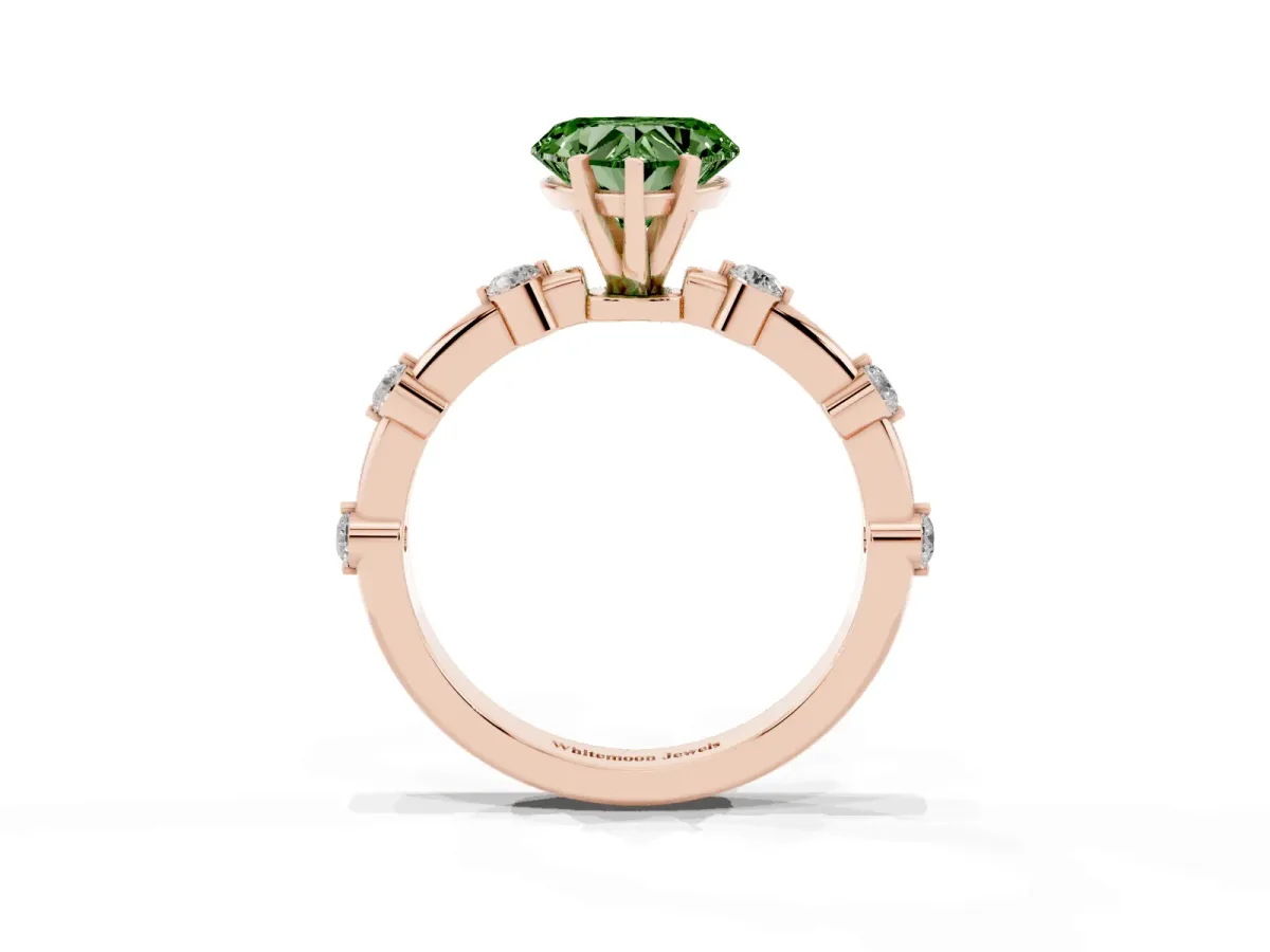 Fancy Green Heart Cut Solitaire Diamond Ring with Bezel Set Side Stones and Prong Setting Rose gold