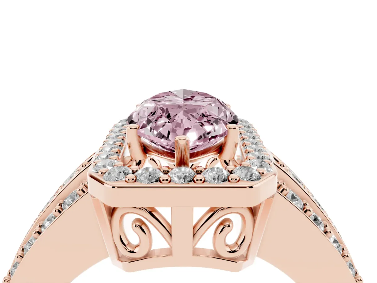 Fancy Pink Marquise Cut Halo Diamond Ring with Round Split Shank and Prong Setting Rose gold