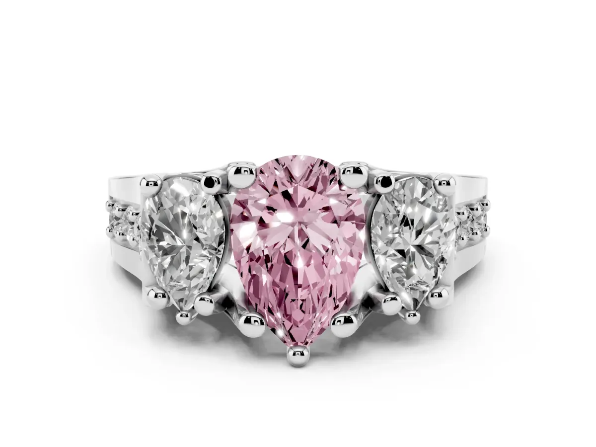 Fancy Pink Pear Cut Diamond Three-Stone Ring with Channel Set Band and Four-Prong Setting Silver
