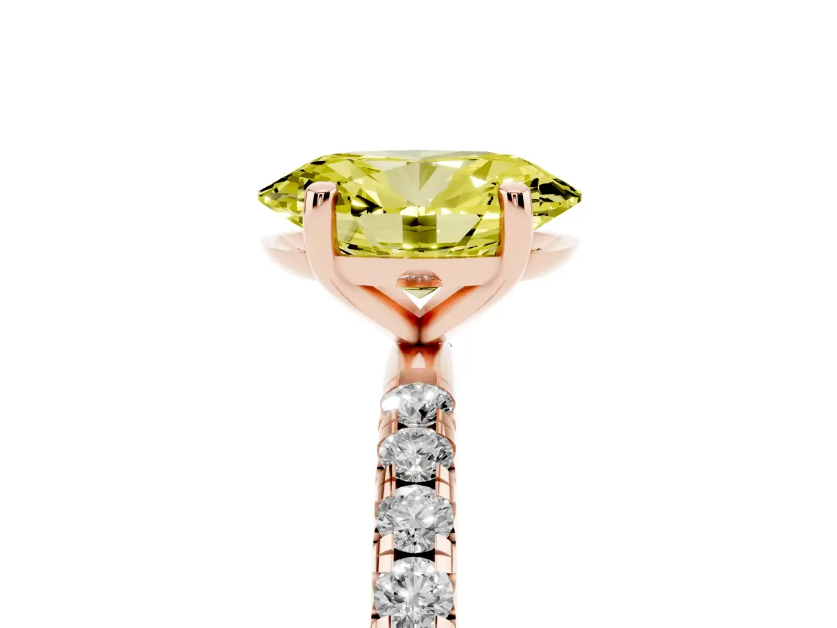 Fancy Yellow Oval Cut Cut Diamond Solitaire Ring with Micro Pave Band and Four Prong Setting Rose gold