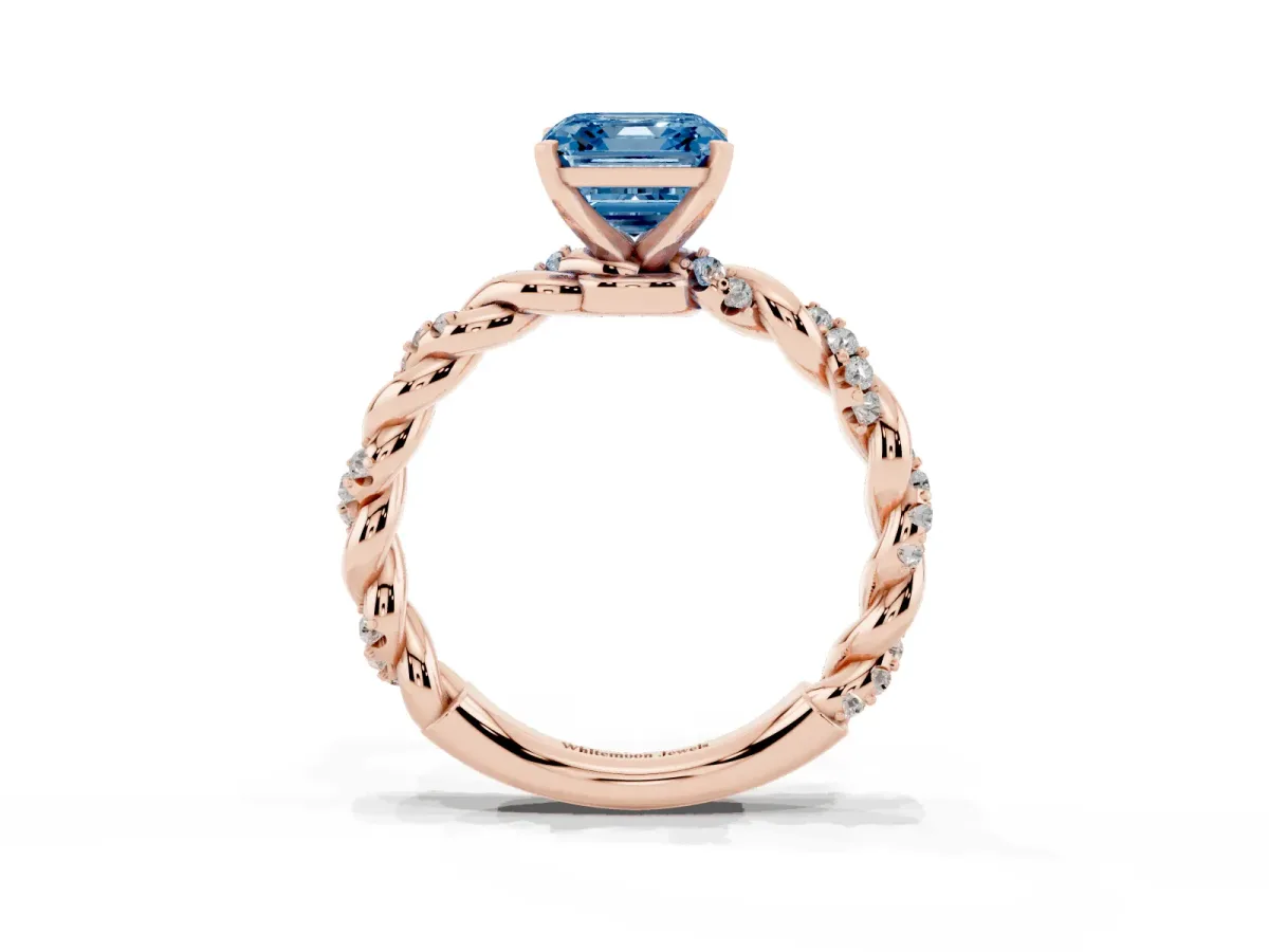 Fancy Blue Asscher Cut Diamond Solitaire Ring with Twisted Band and Pavé Accents Rose gold