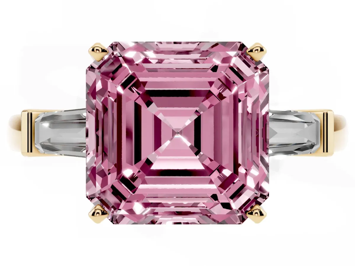 Fancy Pink Asscher Cut Cut Diamond Solitaire Ring with Tapered Baguette Accents and Four-Prong Setting Yellow gold