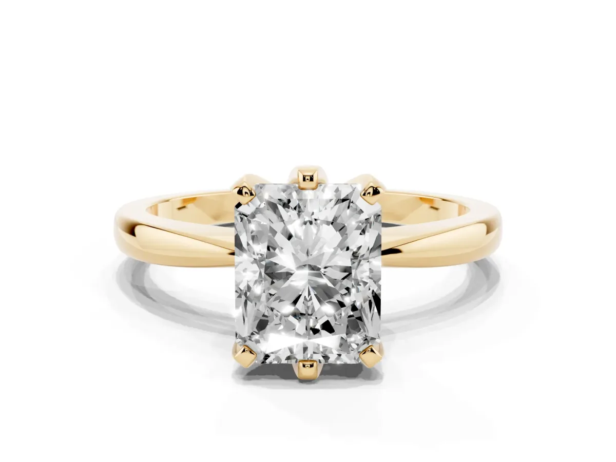 Radiant Cut Solitaire Engagement Ring with Six-Prong Setting and Tapered Band Yellow gold
