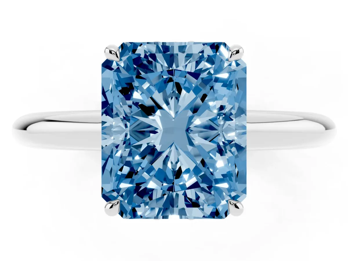 Fancy Blue Radiant Cut Brilliant Solitaire Engagement Ring with Six-Prong Setting and Classic Band Platinum