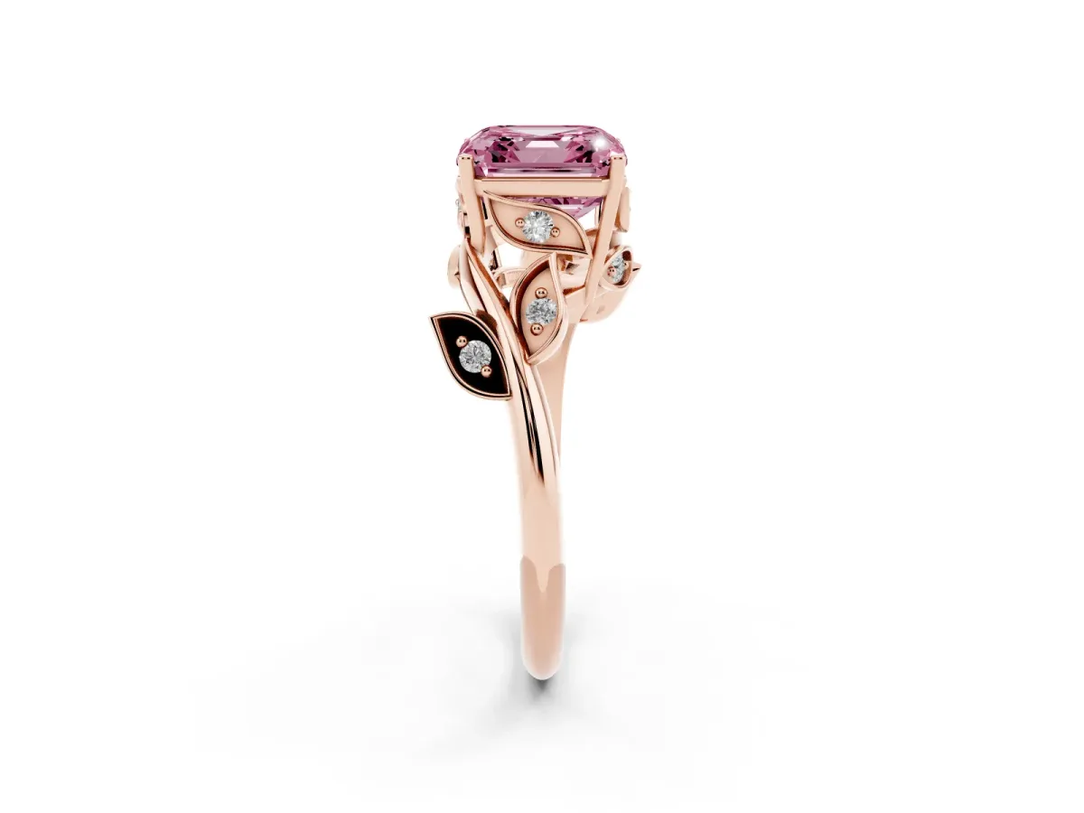 Fancy Pink Asscher Cut Solitaire Twist Engagement Ring with Leaf Accents and Prong Setting Rose gold