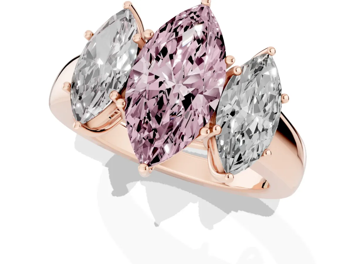 Fancy Pink Three-Stone Marquise Cut Cut Diamond Ring with Prong Setting and Classic Band Rose gold