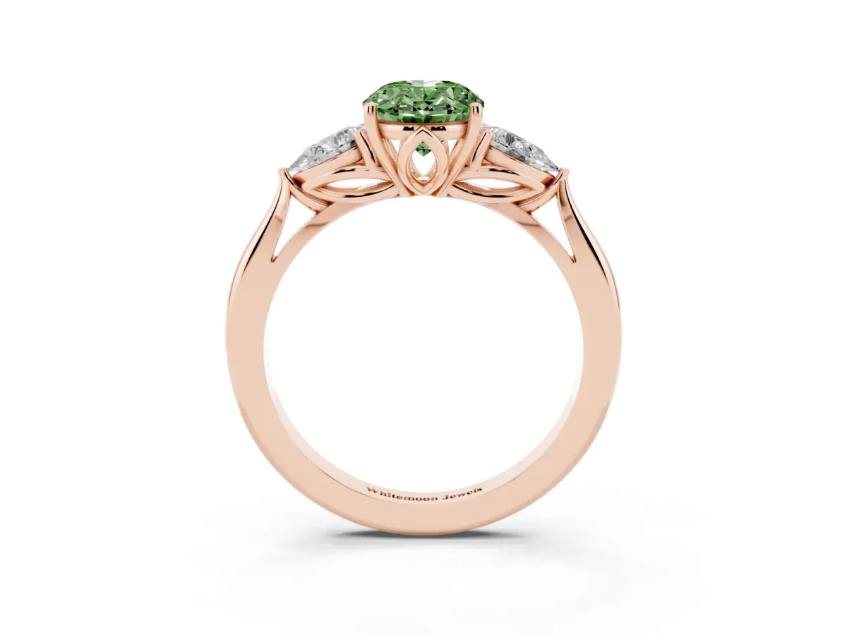 Fancy Green Three-Stone Oval Cut Diamond Ring with Pear Side Stones in Four-Prong Setting Rose gold