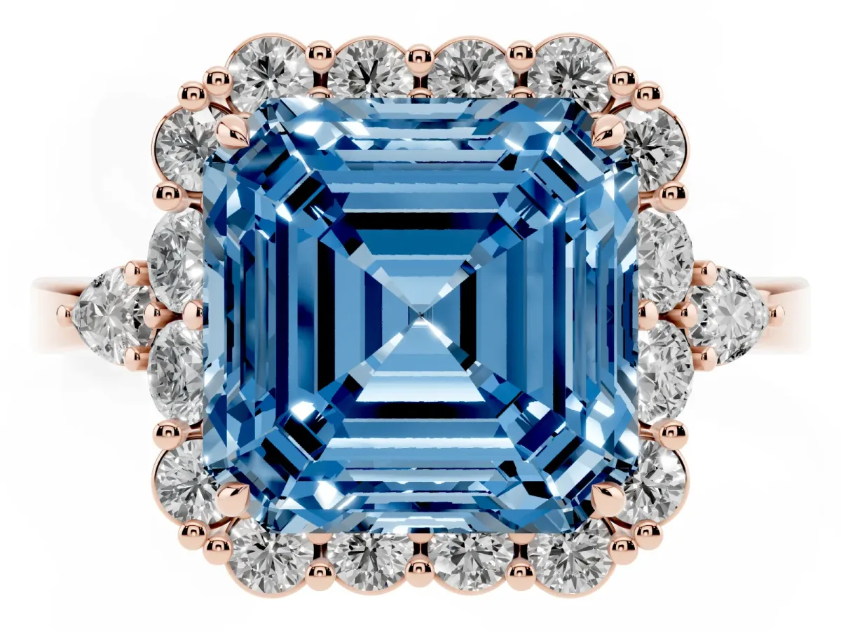 Fancy Blue Asscher Cut Diamond Halo Ring with Pear Side Stones and Prong Setting Rose gold