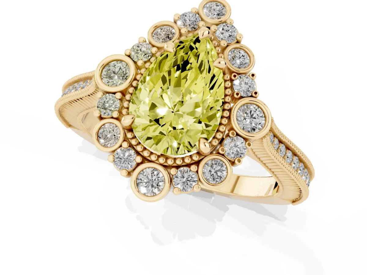 Fancy Yellow Pear Cut Halo Milgrain Pave Diamond Ring with Four-Prong Setting Yellow gold