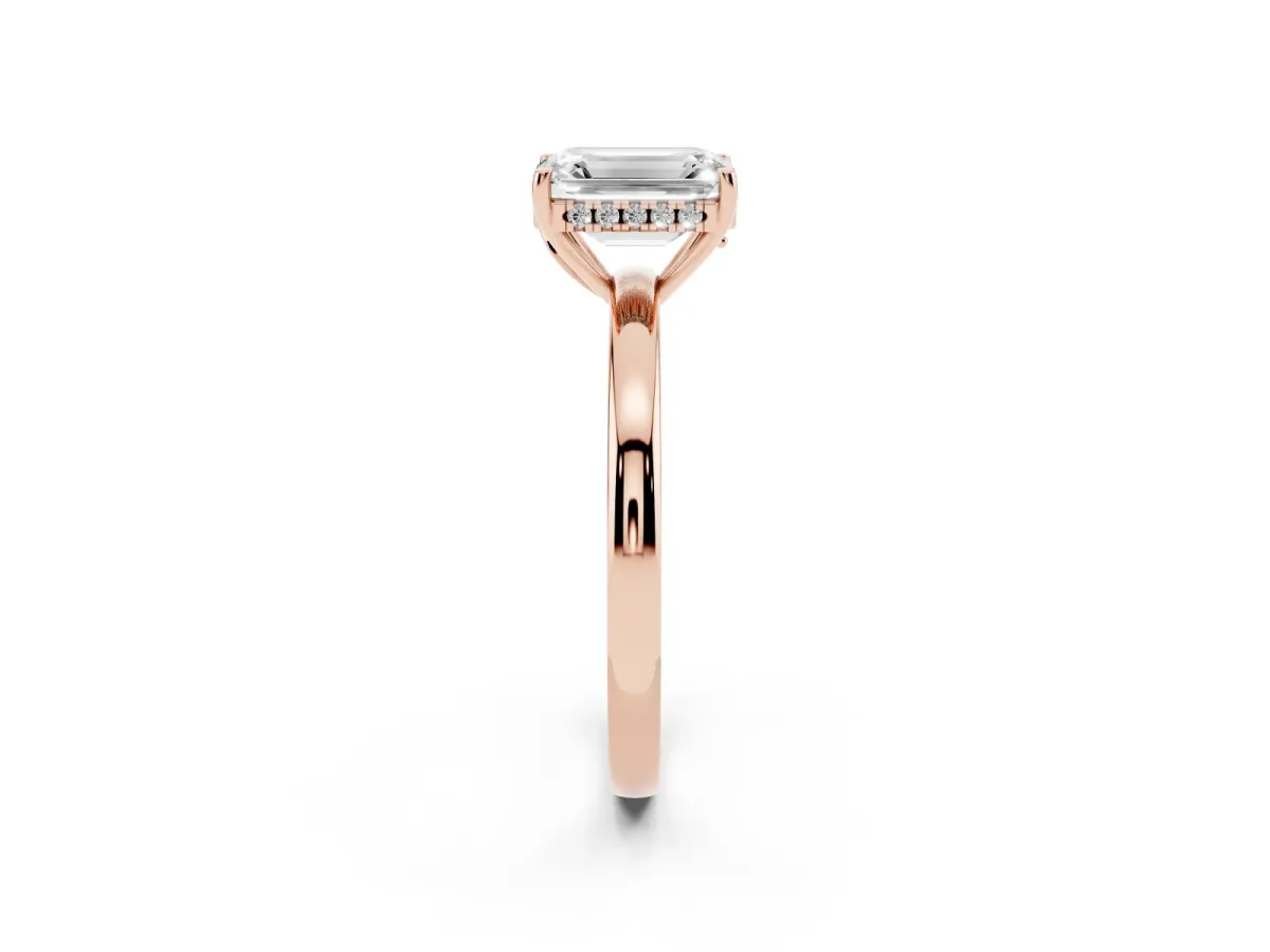 Emerald Cut Solitaire Diamond Ring with Prong Setting and Plain Band Rose gold