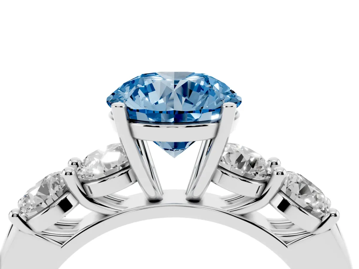 Fancy Blue Round Cut Cut Five-Stone Prong Set Diamond Ring with Classic Band Silver