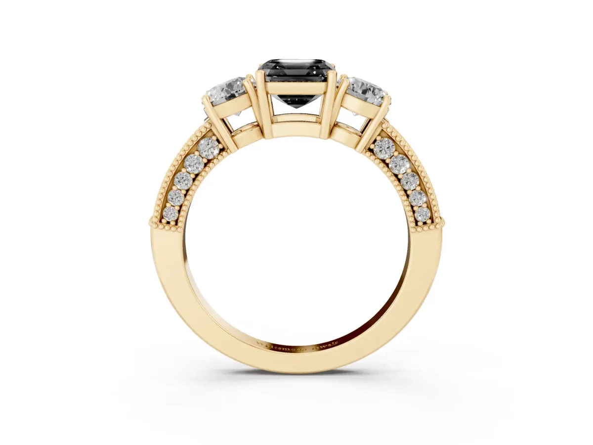 Fancy Black Asscher Cut Three-Stone Diamond Ring with Pavé Band and Four-Prong Setting Yellow gold