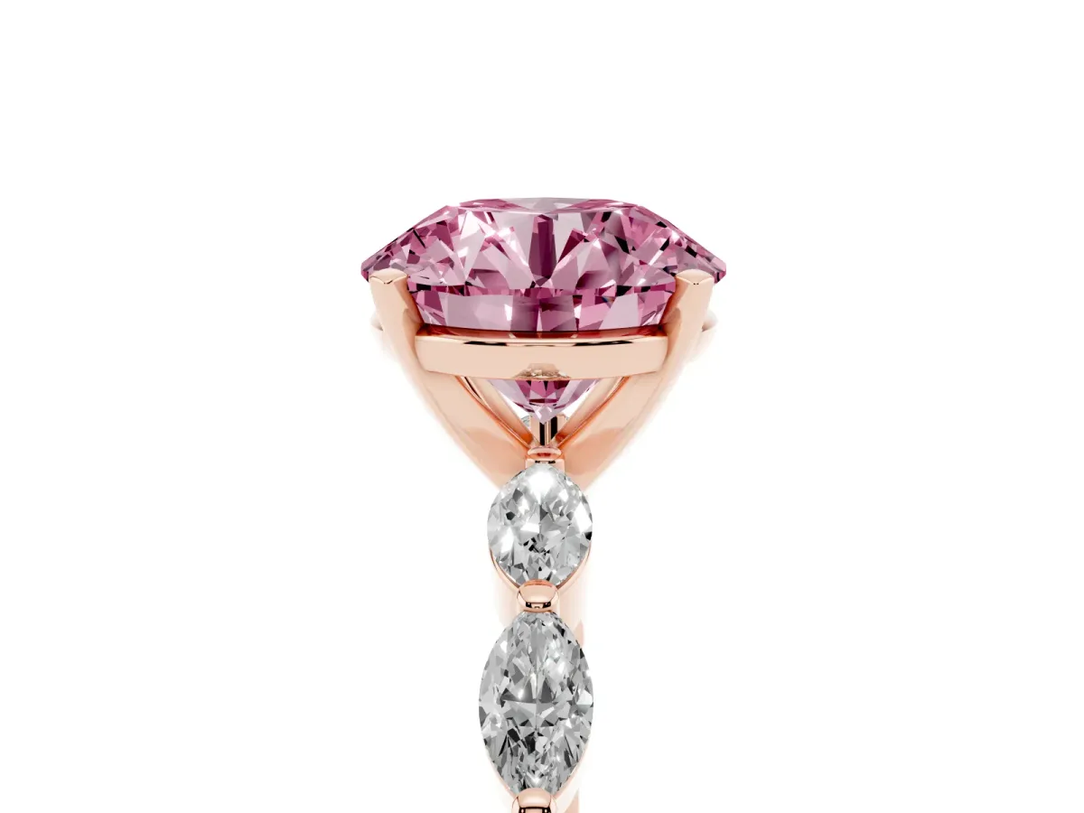 Fancy Pink Round Cut Diamond Ring with Marquise Side Stones and Prong Setting Rose gold