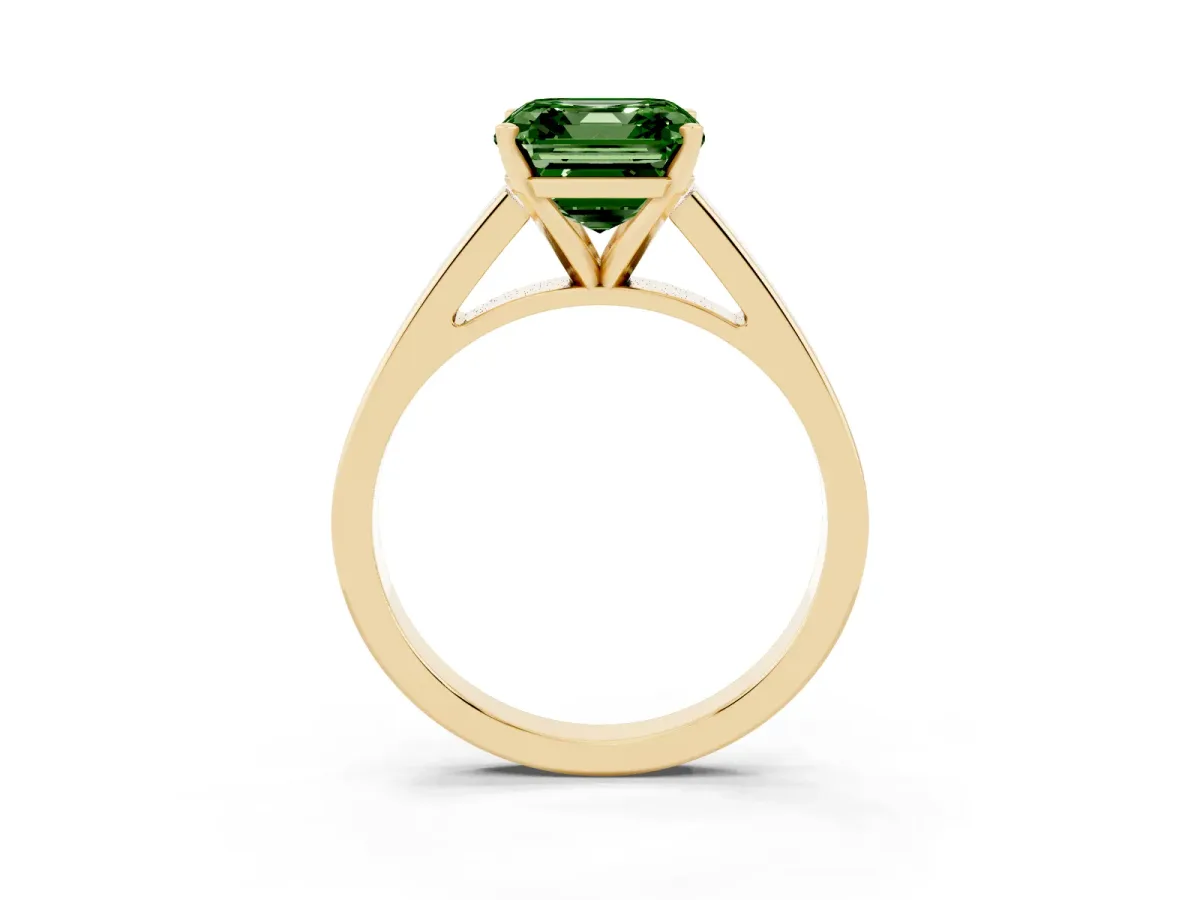 Fancy Green Asscher Cut Solitaire Engagement Ring with Four-Prong Setting and Tapered Band Yellow gold