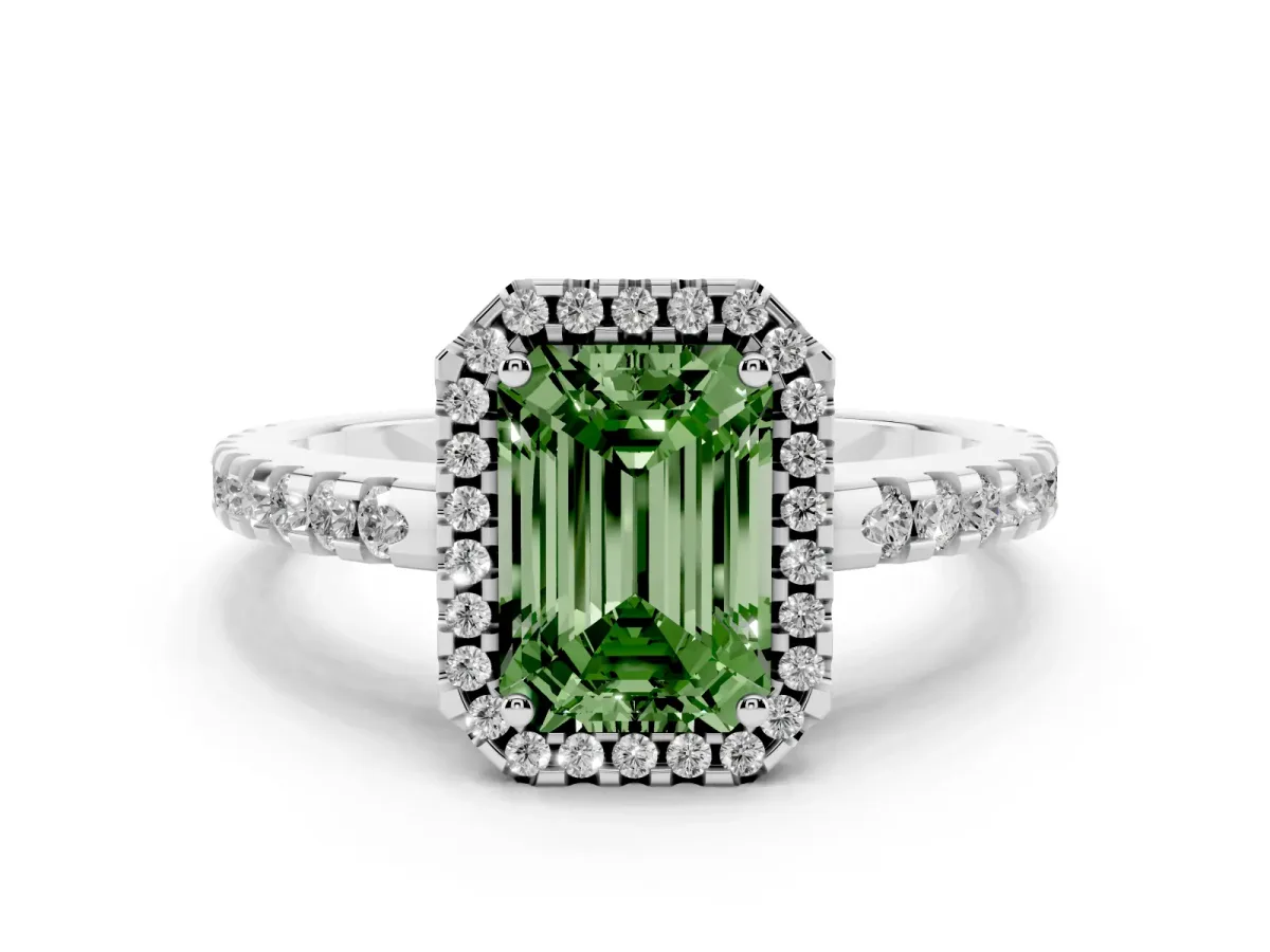 Fancy Green Emerald Cut Diamond Halo Engagement Ring with Pavé Band and Prong Setting Platinum
