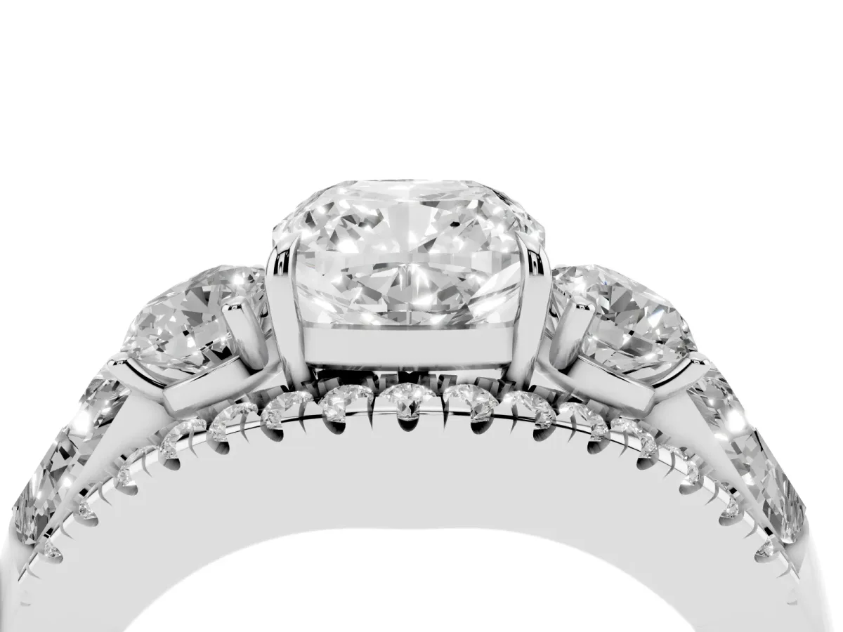 Three-Stone Cushion Cut Diamond Engagement Ring with Pave Band and Prong Setting Silver