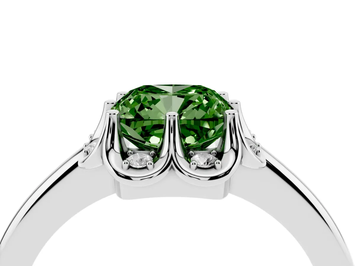 Fancy Green Cushion Cut Halo Diamond Ring with Round Cluster Setting, Solitaire Band, and Four-Prong Setting Silver