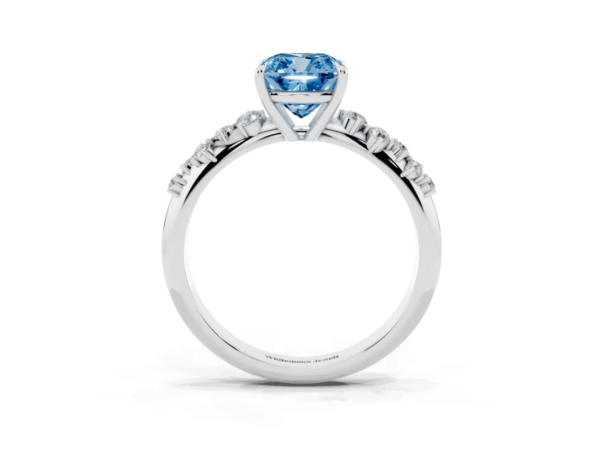 Fancy Blue Cushion Cut Diamond Cluster Side Stone Solitaire Ring with Prong Setting Silver