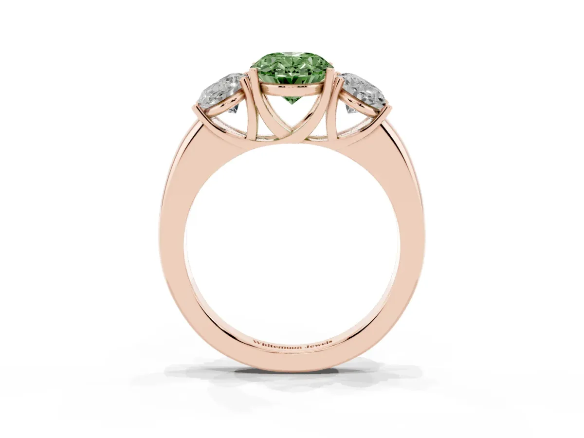 Fancy Green Oval Cut Diamond Three-Stone Ring with Four-Prong Setting and Classic Band Rose gold