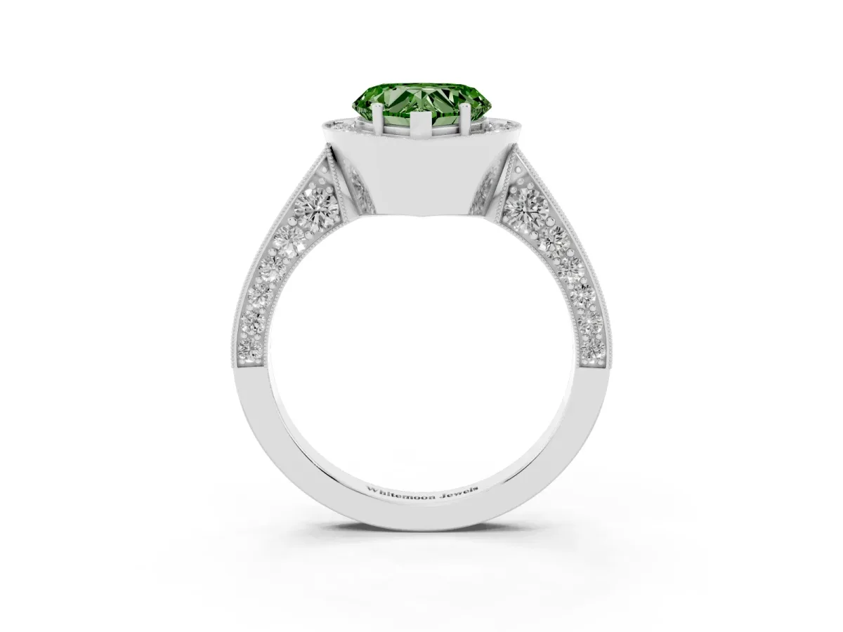 Fancy Green Heart Cut Halo Diamond Engagement Ring with Split Shank Band and Four-Prong Setting Silver