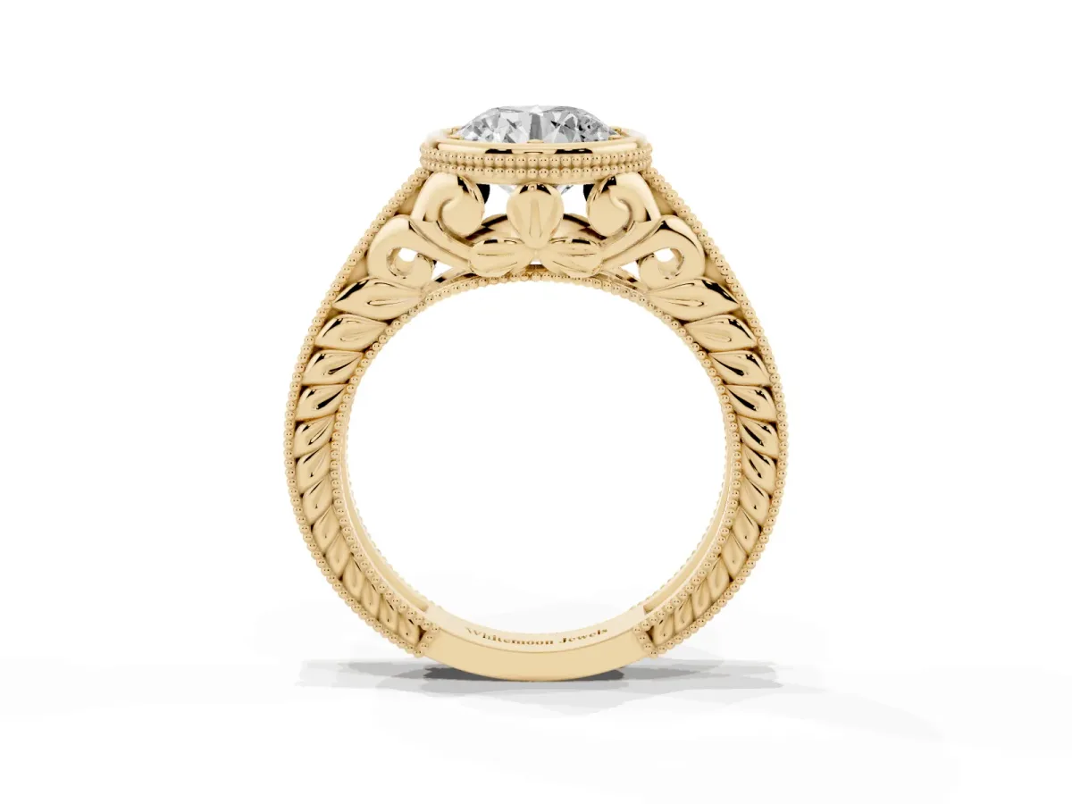 Bezel Set Round Cut Diamond Milgrain Pave Engagement Ring Yellow gold