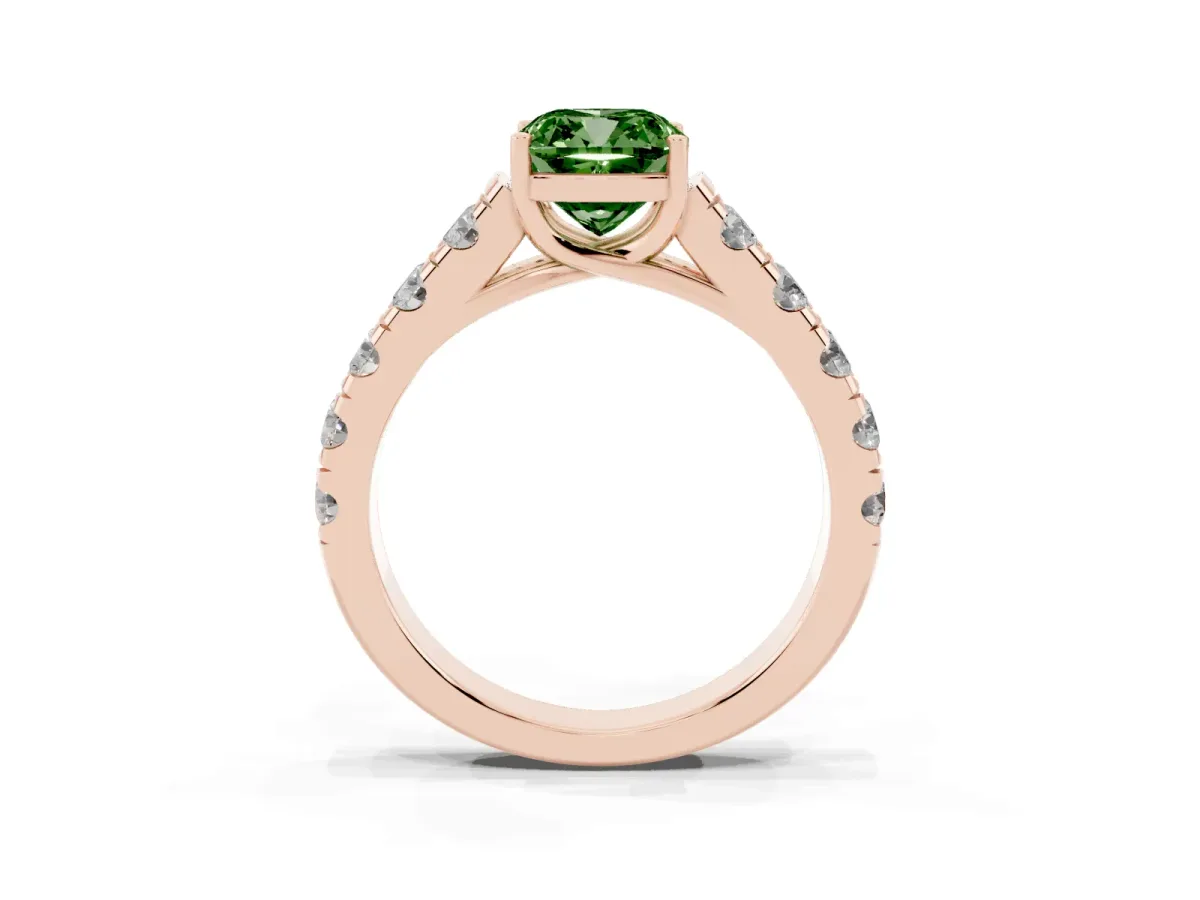 Fancy Green Cushion Cut Cut Diamond Solitaire Ring with Micro Pave Band and Prong Setting Rose gold