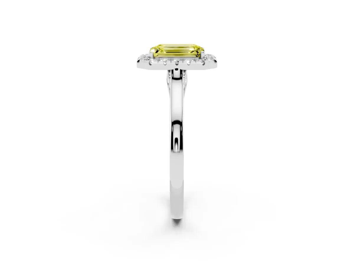 Fancy Yellow Emerald Cut Halo Round Diamond Solitaire Ring with Pavé Band and Four-Prong Setting Silver