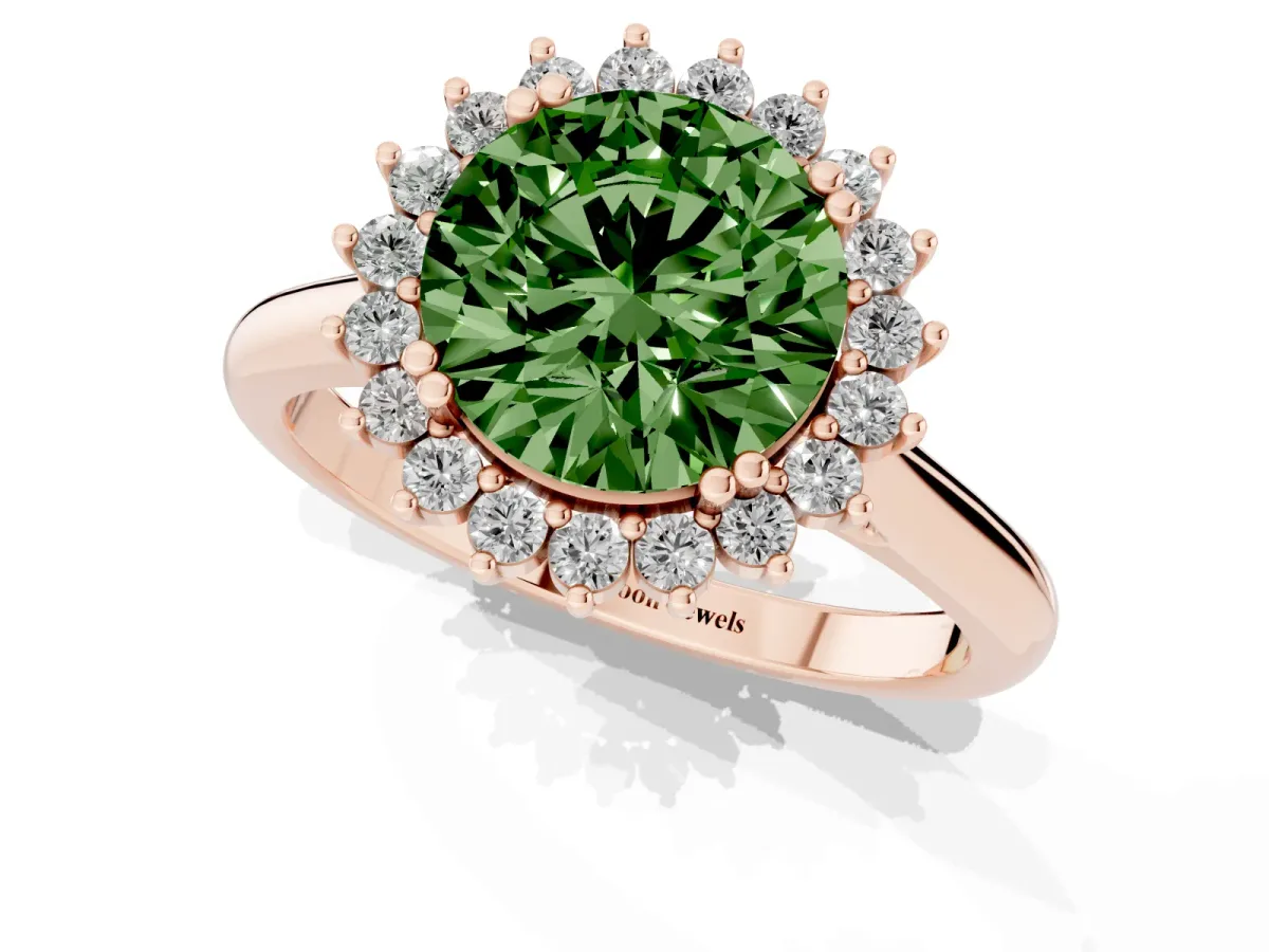 Fancy Green Round Cut Cut Diamond Halo Ring with Solitaire Band and Prong Setting Rose gold