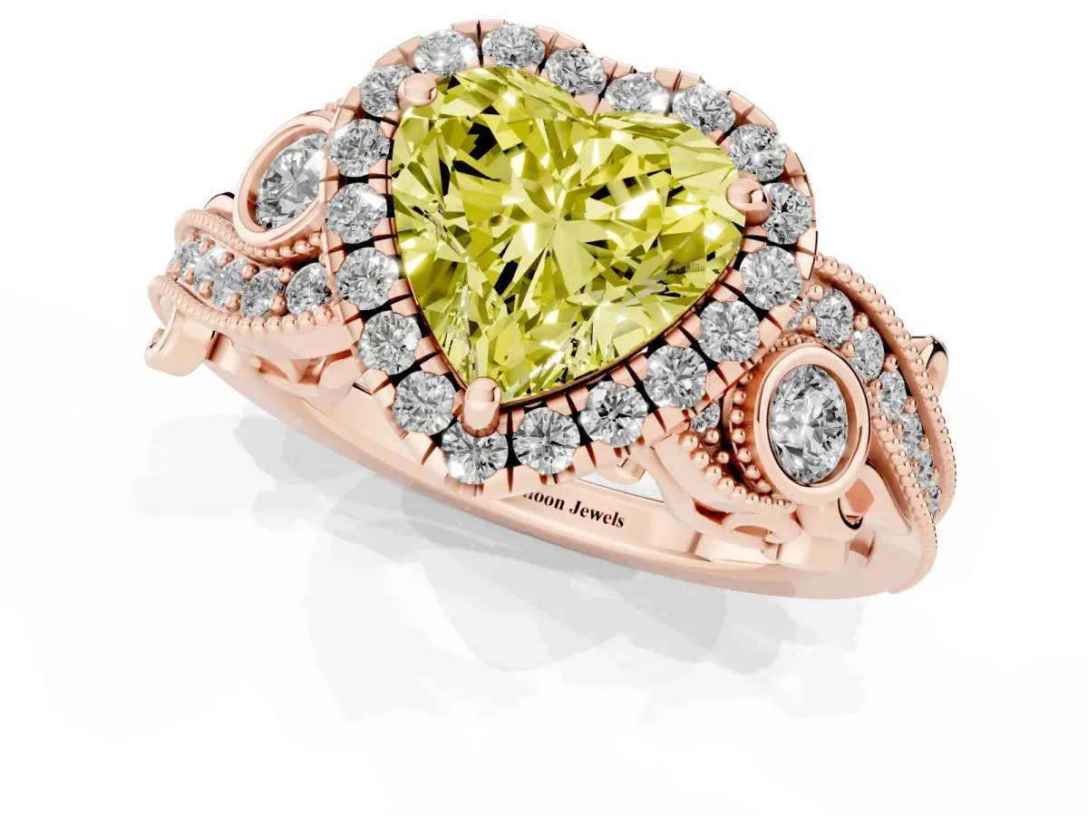 Fancy Yellow Heart Cut Diamond Halo Ring with Milgrain Pavé Band and Four-Prong Setting Rose gold