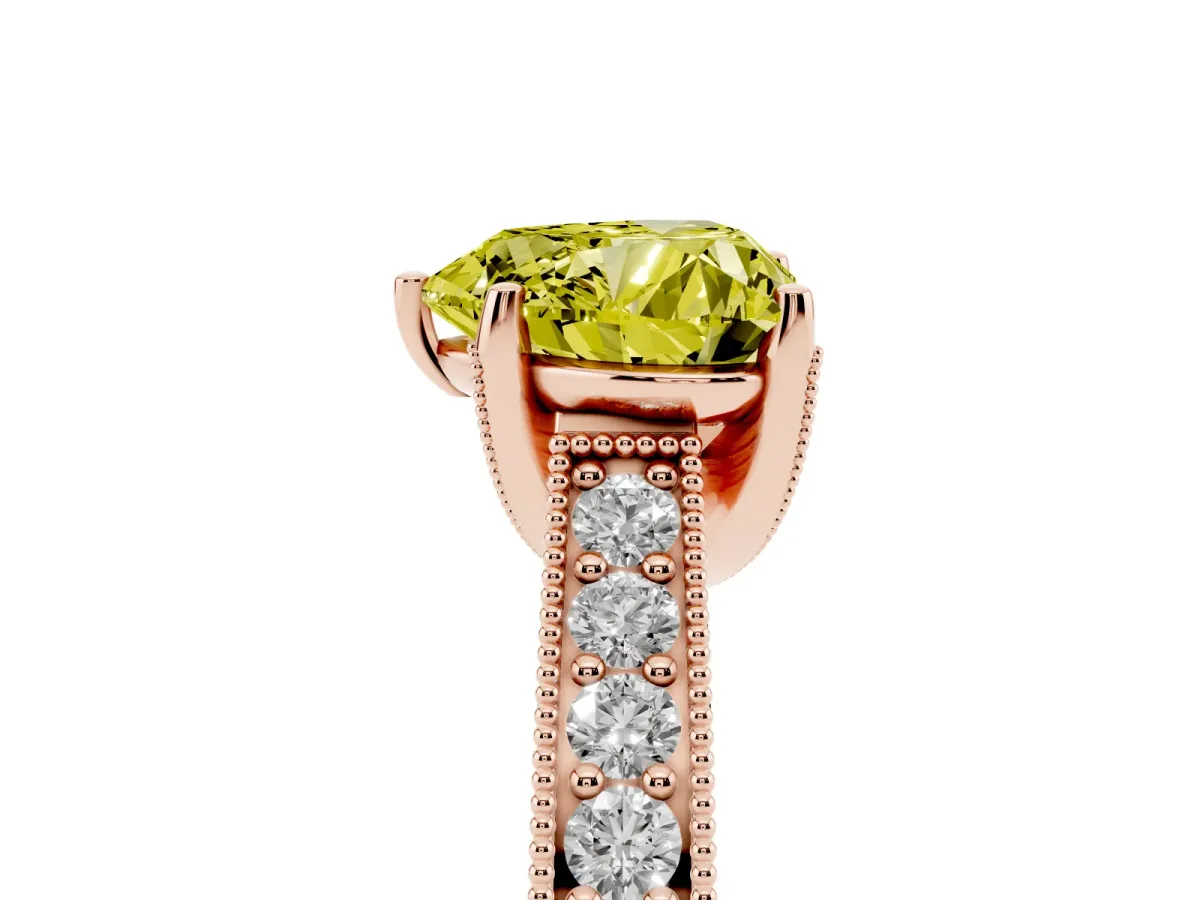 Fancy Yellow Heart Cut Cut Diamond Solitaire Ring with Milgrain Pave Band and Four Prong Setting Rose gold