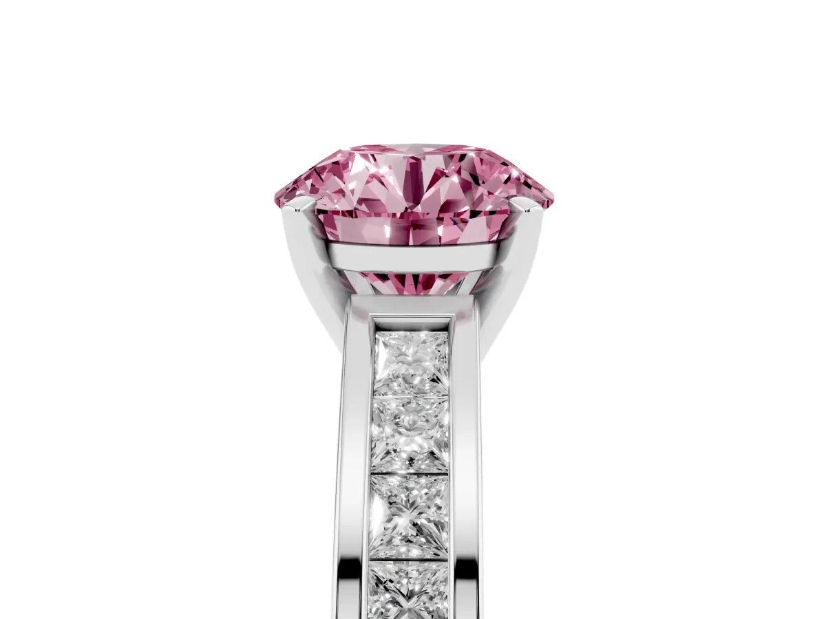 Fancy Pink Round Cut Solitaire Diamond Ring with Channel-Set Band and Four-Prong Setting Silver