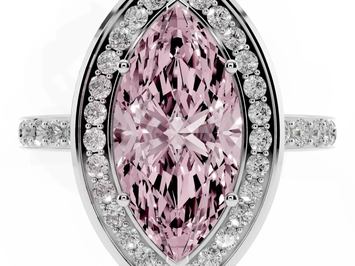 Fancy Pink Marquise Cut Diamond Halo Ring with Bezel Frame and Pavé Band White gold