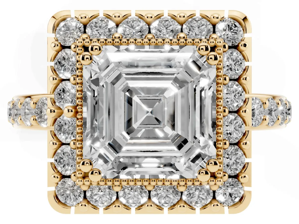 Asscher Cut Diamond Halo Ring with Pavé Band and Prong Setting Yellow gold