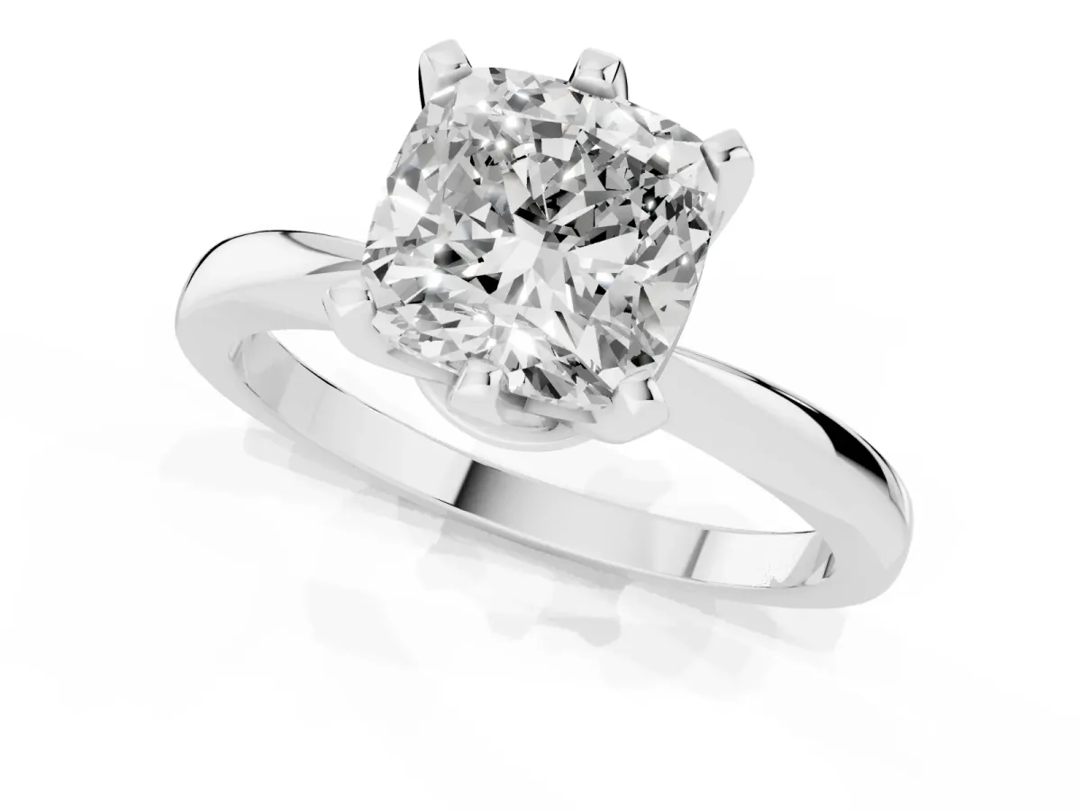 Cushion Cut Solitaire Engagement Ring with Six-Prong Setting and Tapered Band Platinum