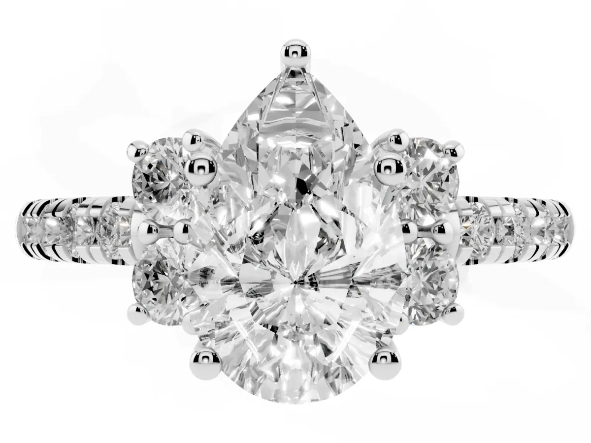 Pear Cut Diamond Three-Stone Pave Band with Four-Prong Setting Silver