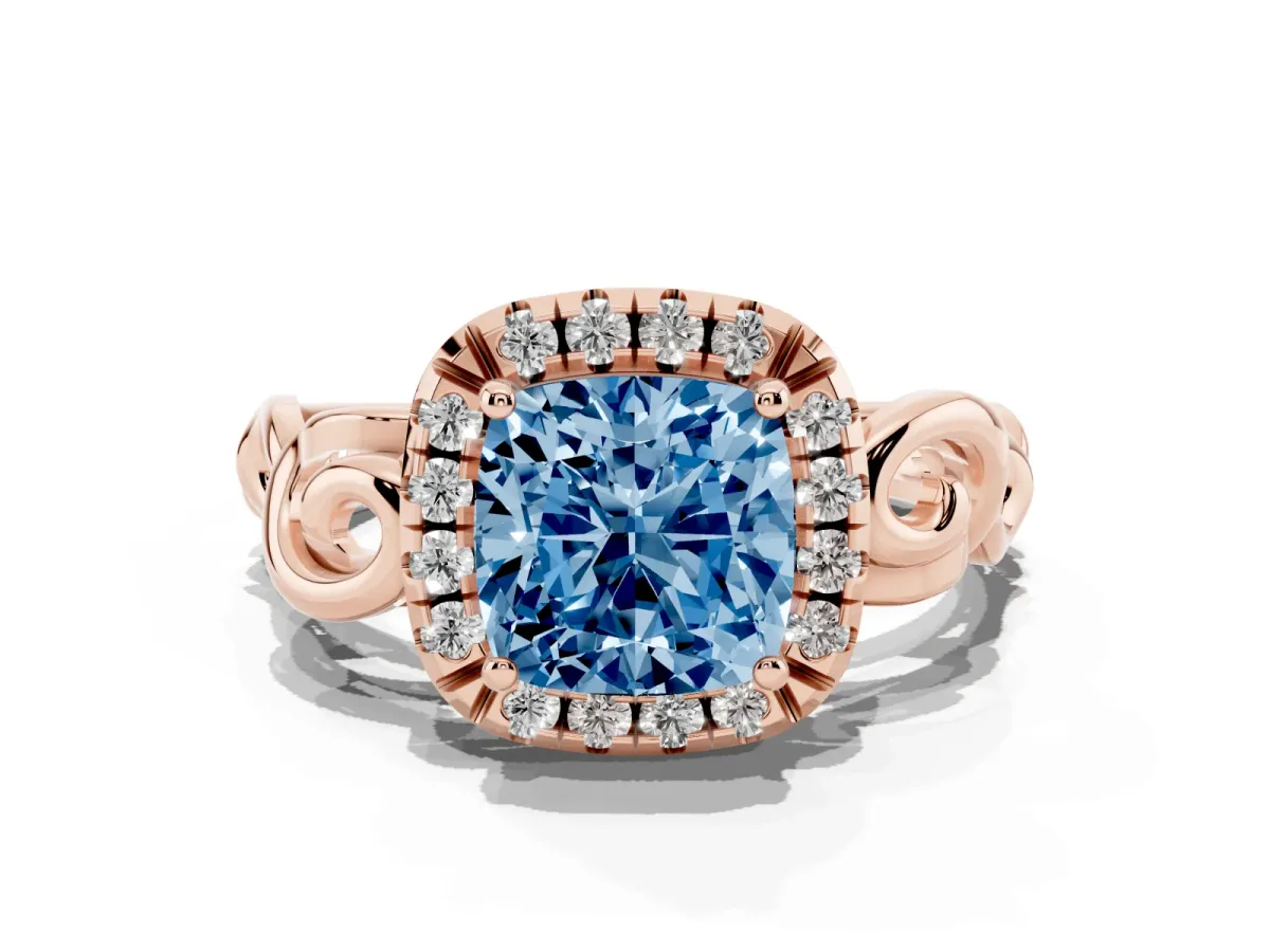 Fancy Blue Cushion Cut Cut Halo Diamond Ring with Scrollwork Band and Four-Prong Setting Rose gold