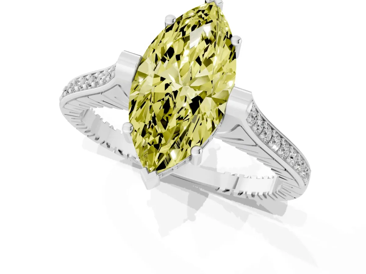 Fancy Yellow Marquise Cut Solitaire Diamond Ring with Channel Set Band and Bezel Prong Setting Platinum