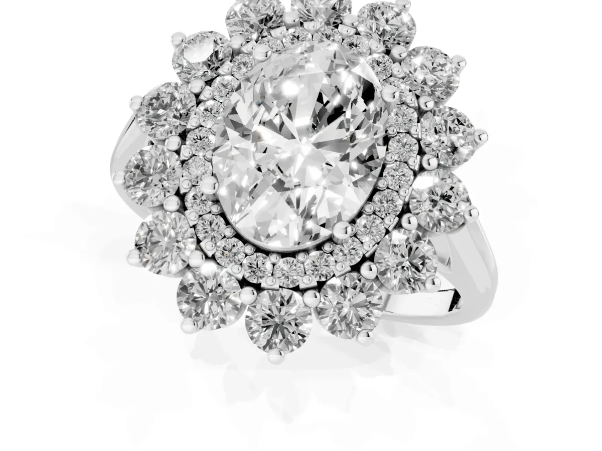 Oval Cut Diamond Floral Double Halo Engagement Ring with Prong Setting Silver