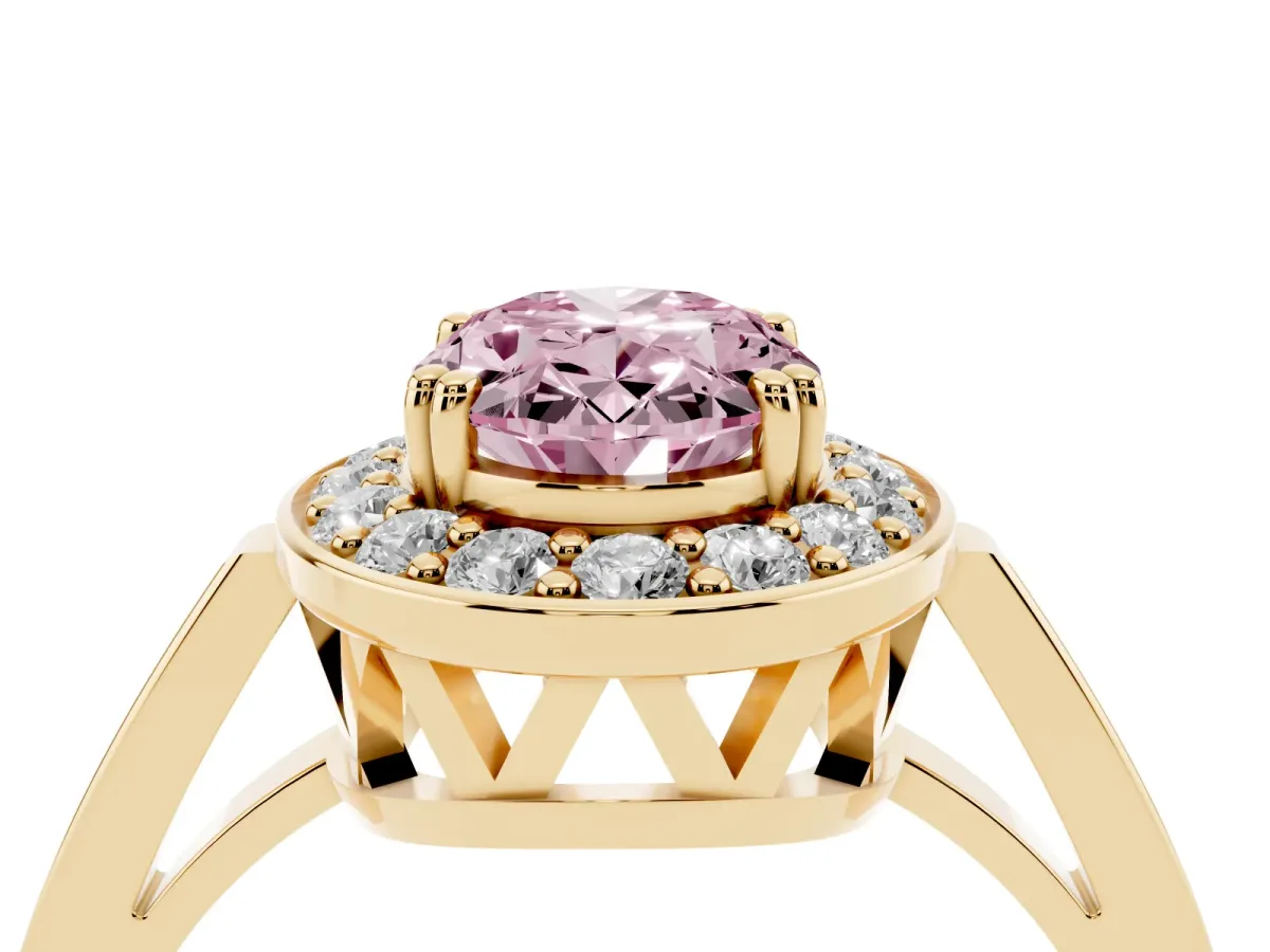 Fancy Pink Oval Cut Diamond Halo Ring with Split Shank and Four-Prong Setting Yellow gold