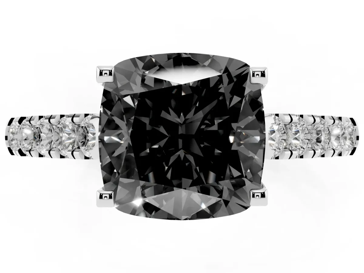 Fancy Black Cushion Cut Diamond Pavé Band Solitaire Ring with Prong Setting Silver