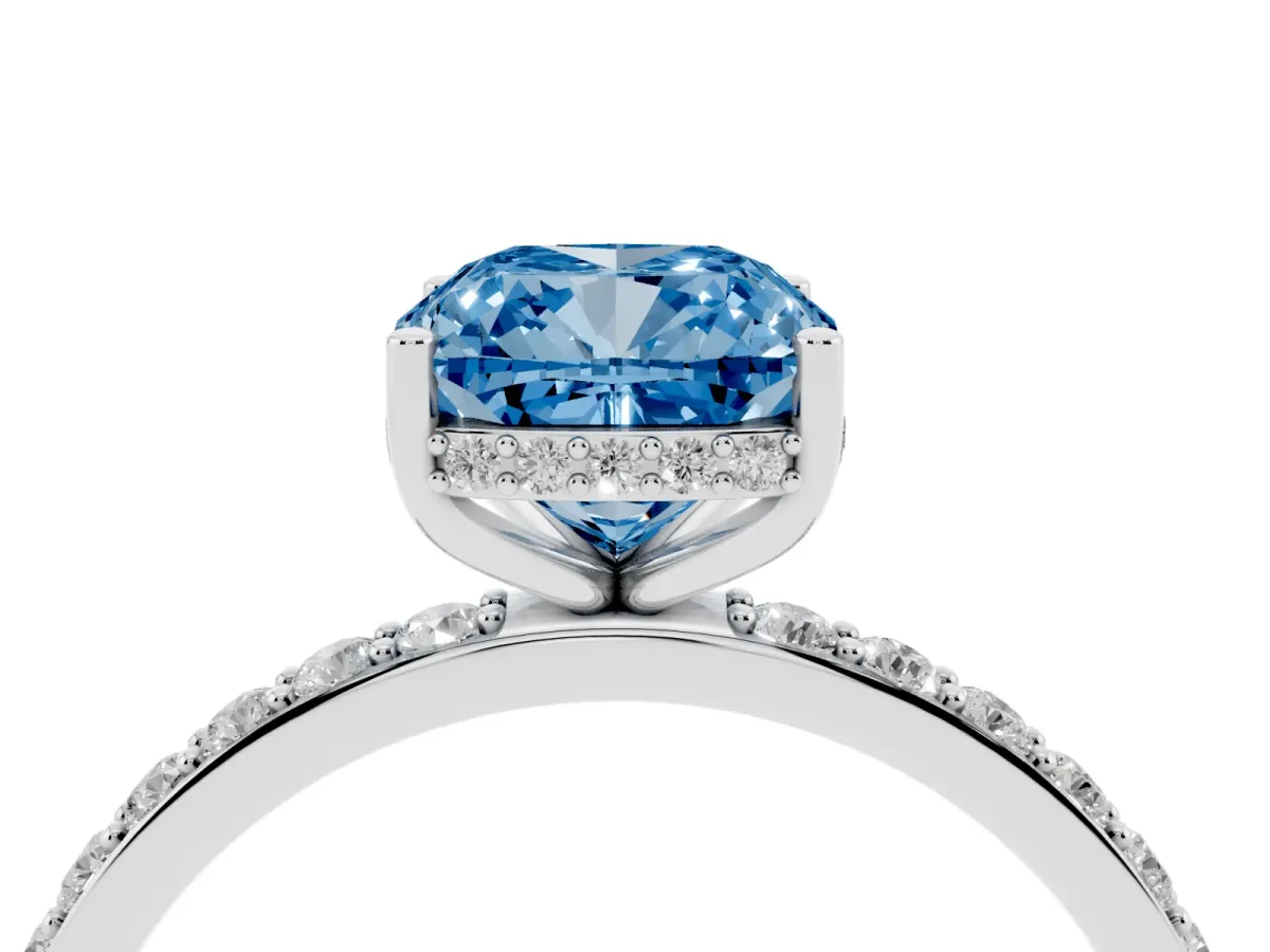 Fancy Blue Cushion Cut Diamond Solitaire Ring with Pavé Band and Hidden Halo Silver